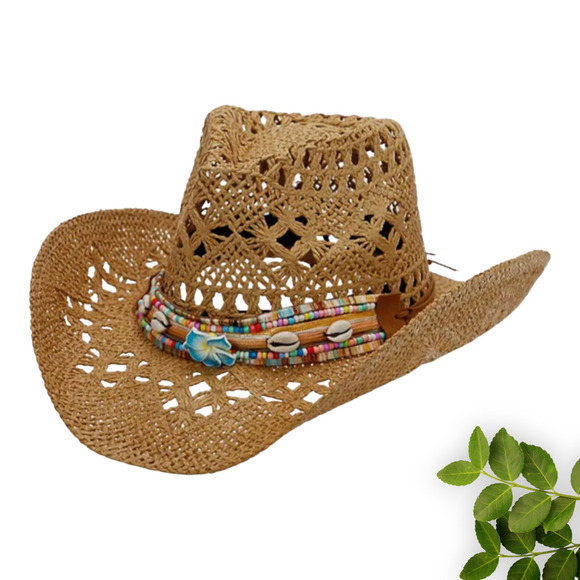 Boho Brown Tribal Band Tycoon Crown Crochet‎ Hollow Straw Cowboy Hat Western - Picture 1 of 2